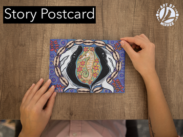 'Whale and Seahorse Dreaming with Flower Medicine' Aboriginal Art A6 Story PostCard Single by Mirree